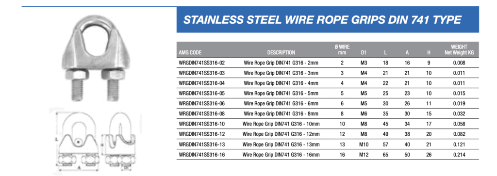 STAINLESS STEEL WIRE ROPE GRIPS DIN 741 TYPE