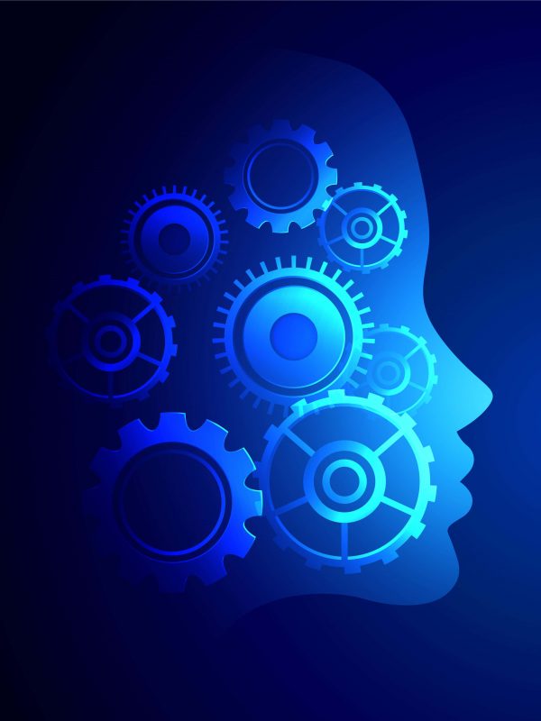 digital technology face with gears symbols background digital technology face with gears symbols background